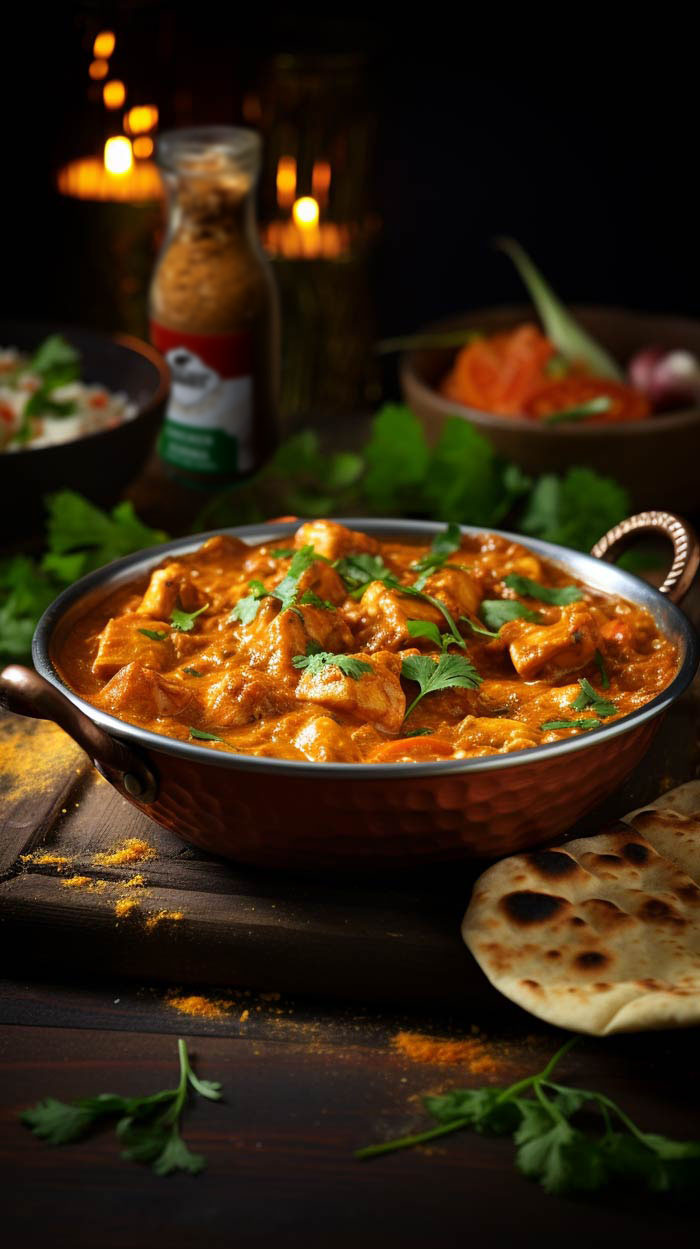 Stimmungsvolles Bild von Chicken Korma in einer traditionellen Servierpfanne, verfeinert mit Koriander und Paprikascheiben, neben Naan, mit sanftem Kerzenlicht im Hintergrund, das eine gemütliche Atmosphäre schafft.
