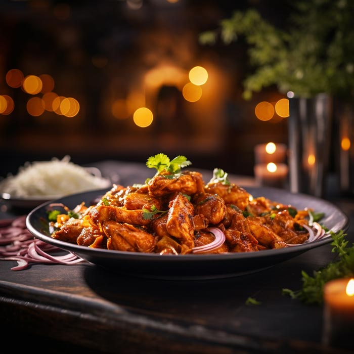 Ein Teller mit Chicken Madras, garniert mit frischem Koriander, serviert neben einer Schüssel Reis, im Hintergrund unscharfe Lichter, die eine warme, einladende Atmosphäre schaffen.