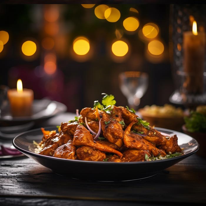 Würziges Chicken Madras auf einem schwarzen Teller, überzogen mit einer scharfen, roten Sauce und fein geschnittenen Zwiebelringen, präsentiert vor einem stimmungsvollen, dunklen Restaurantinterieur.