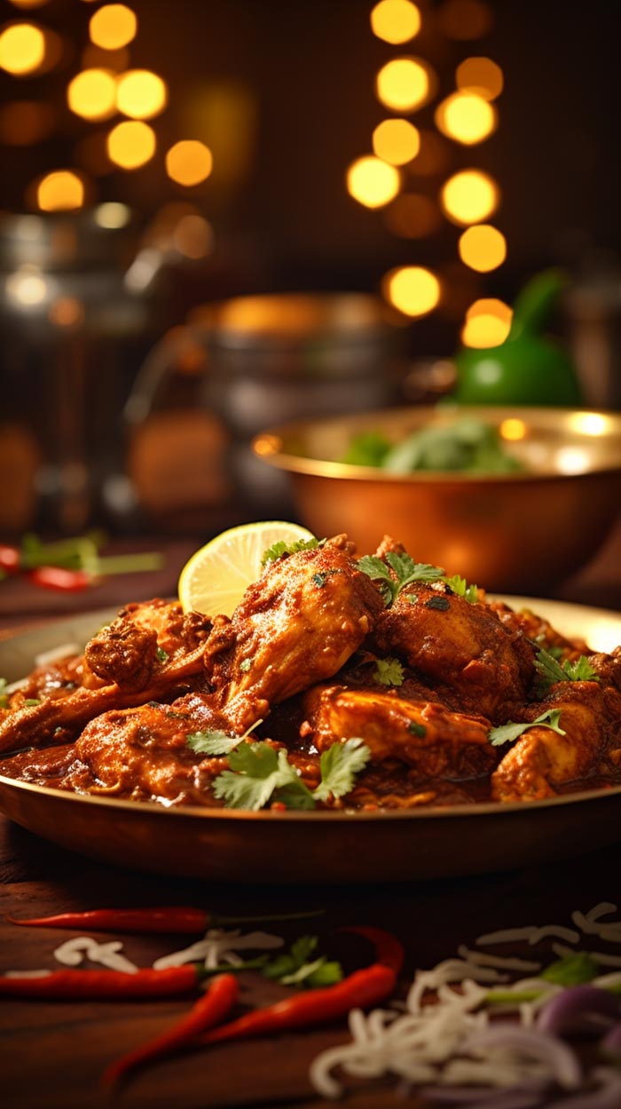 Saftiges Chicken Madras garniert mit frischem Koriander und Zitronenscheibe, serviert auf einem rustikalen Teller im stimmungsvollen Restaurantlicht.
