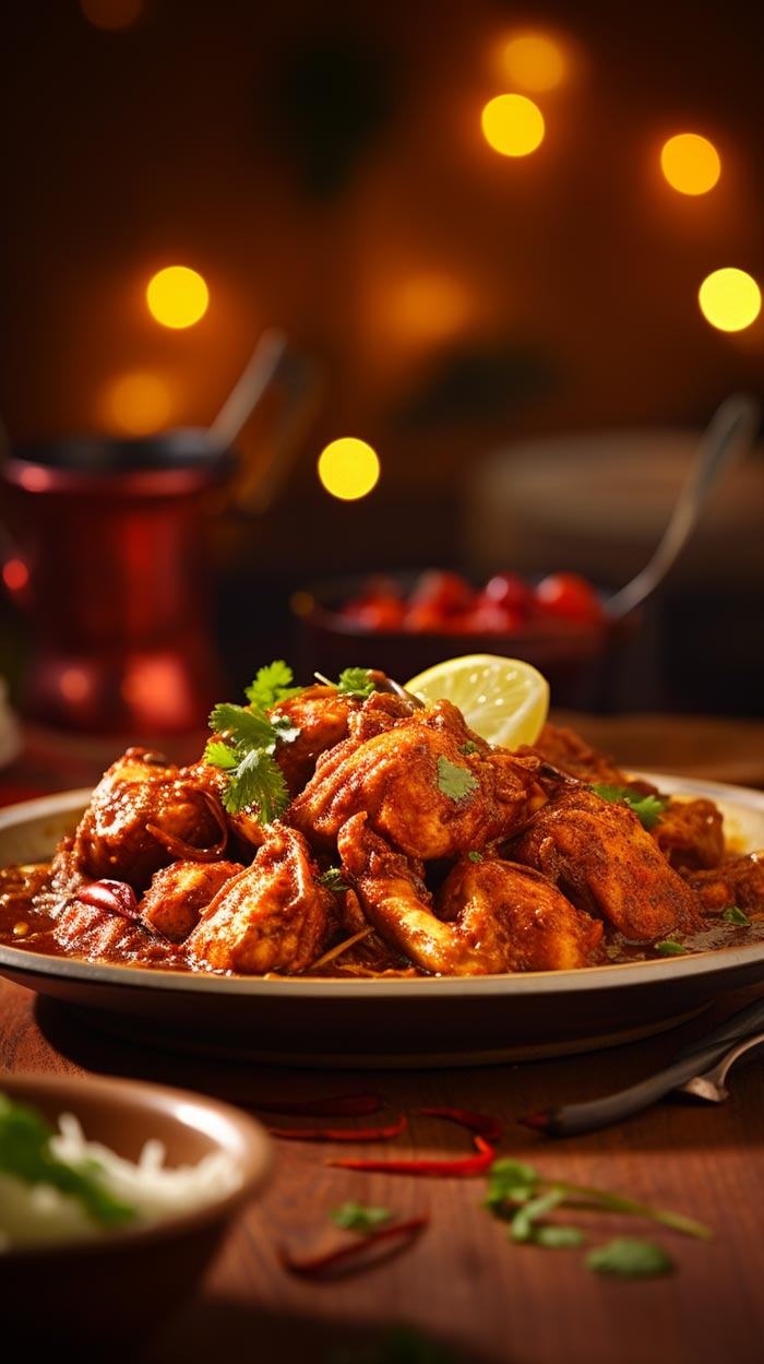 Gewürzreiches Chicken Madras mit leuchtender roter Sauce, bereit zum Genuss in einer einladenden, warm beleuchteten Umgebung.