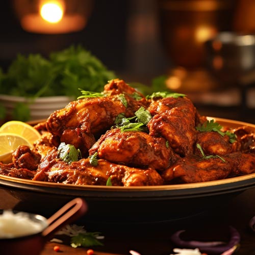 Ein Teller mit würzigem Chicken Madras, garniert mit frischem Koriander und Zitronenscheiben, in einem gemütlich beleuchteten Ambiente.