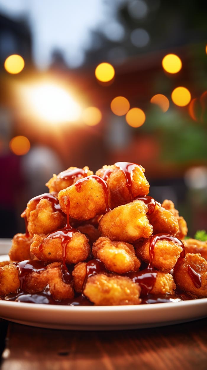 Stapel von knusprigen Chicken Nuggets, übergossen mit einer reichhaltigen, dunkelroten Sauce, auf einem weißen Teller vor einem verschwommenen Hintergrund mit warmen Lichtern.