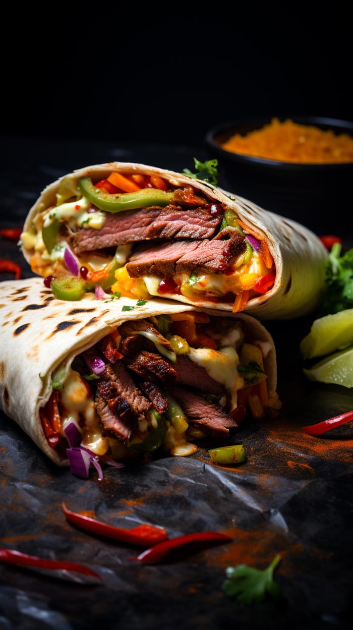 Ein saftiges Chicken Steak Fajita gefüllt mit buntem Gemüse, süßen Datteln und Gurken, getoppt mit einer glänzenden, rauchigen Honig-Bienen-Sauce aus Chipotle.