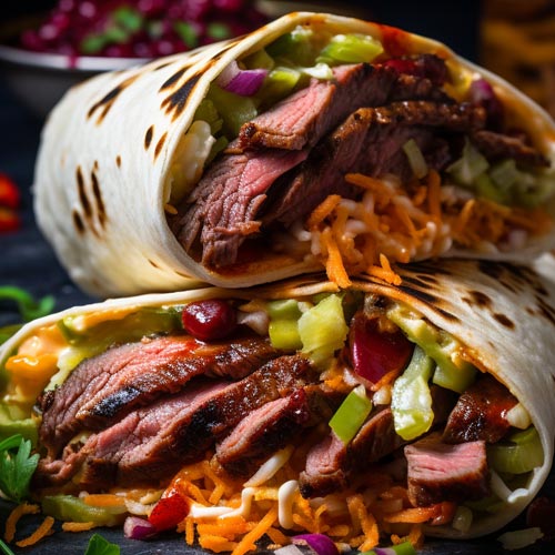 Fajitas mit Chicken und Rindsteak, Datteln und Gurken auf dunkelm Untergrund und schmelzendem Käse