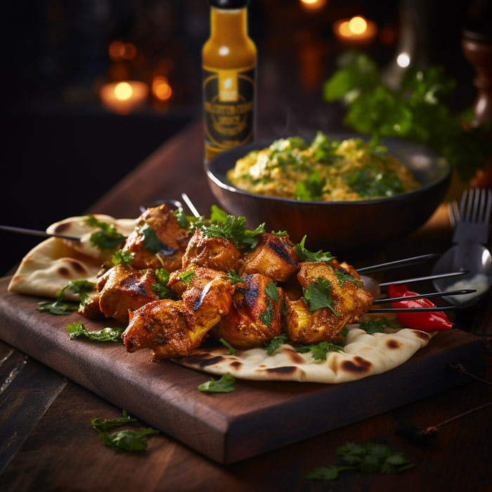 chicken tikka curry spiess mit naan brot in schoen beleuchtetem setting