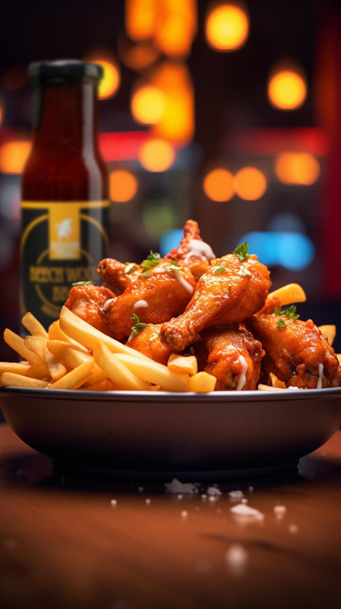 Ein Teller mit knusprigen Chicken Wings und goldgelben Pommes Frites, garniert mit Petersilie, serviert auf einem Holztisch mit unscharfem Hintergrundlicht.