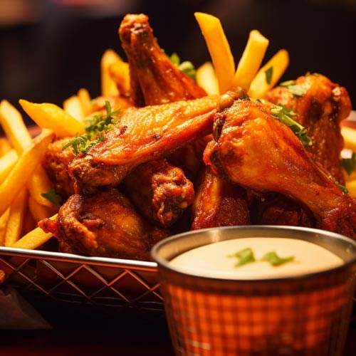 Chicken Wings in Schale mit Pommes und einem Schälchen Mayonaise schön warm beleuchtet