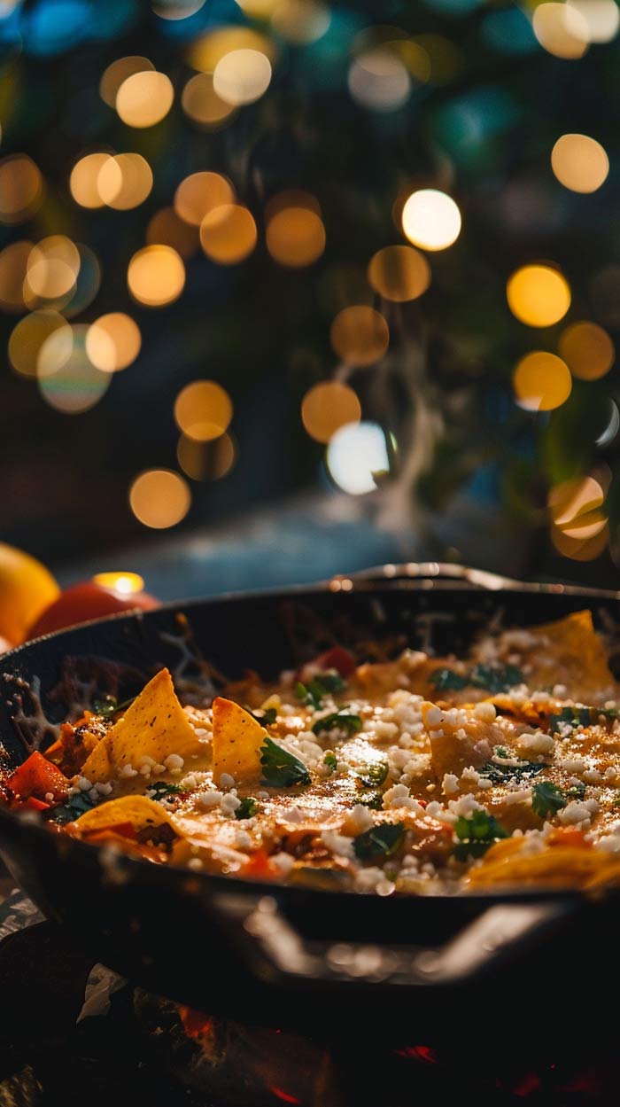 Chilaquiles mit Kräutern und Käse Leckere Chilaquiles in einer Pfanne, garniert mit frischen Kräutern und Käse.