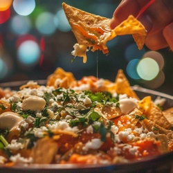 Ein knuspriger, würziger Taco Chip aus Chilaquiles mit Chimol und Guacamole-Füllung.