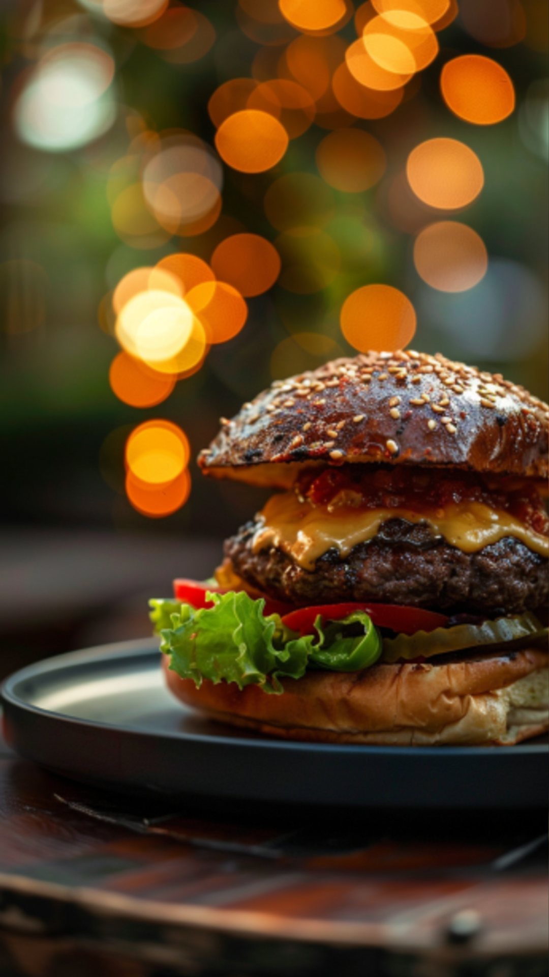 Chili Cheese Hamburger mit Koriander und Tomaten auf einem Teller.