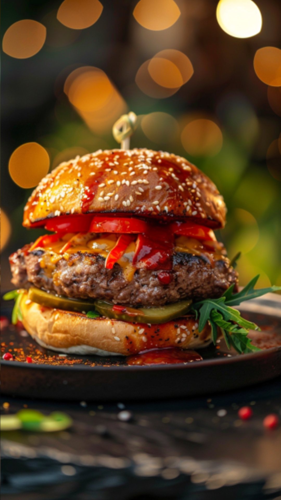 Nahaufnahme von Chili Cheese Hamburger, serviert auf einem rustikalen Tisch.