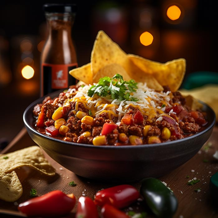 Ein appetitlich serviertes Chili con Carne in einer schwarzen Schüssel, garniert mit geschmolzenem Käse und frischem Koriander, begleitet von Tortilla-Chips. Rund um die Schüssel sind frische Zutaten wie rote Chilischoten, Jalapeños und eine Flasche scharfe Sauce drapiert, alles auf einem Holzbrett angerichtet vor einem unscharfen Hintergrund mit warmen Lichtern.