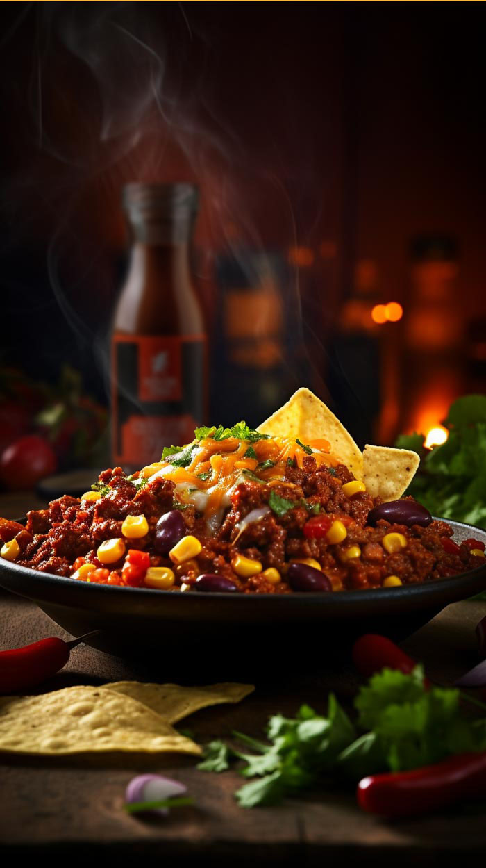 Heiß serviertes Chili con Carne garniert mit geschmolzenem Käse, frischem Koriander und Tortillachips auf einem dunklen Teller. Im Hintergrund sind unscharfe Küchenlichter und frische Zutaten wie Chilischoten und Kräuter zu erkennen.
