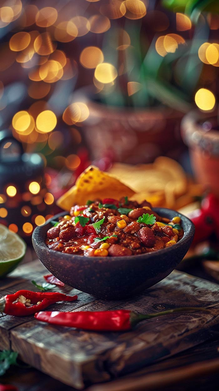 Festliches Chili con Carne mit Tortillachips und Chilis Eine rustikale Schüssel Chili con Carne, garniert mit Koriander und umgeben von roten Chilis, Limetten und Tortillachips, im Hintergrund leuchten festliche Lichter.