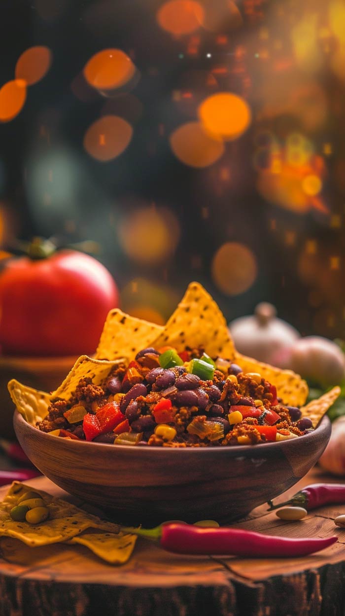Chili con Carne mit buntem Gemüse und Tortillachips Eine Schüssel Chili con Carne mit roten und grünen Paprikaschoten, Bohnen und Mais, garniert mit Tortillachips. Im Hintergrund sind verschwommene Lichter, eine Tomate und Knoblauch zu sehen.