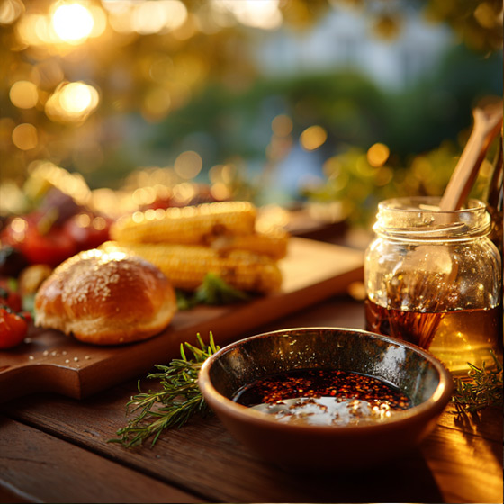 Ein stimmungsvoll gedeckter Holztisch bei Sonnenuntergang mit gegrilltem Maiskolben, einem Burgerbrötchen, frischen Kräutern und einer Schale mit Chiliöl im Vordergrund. Daneben steht ein Glas mit einem goldfarbenen Öl und Holzlöffel. Die Szene ist warm beleuchtet und vermittelt eine gemütliche, sommerliche BBQ-Atmosphäre.