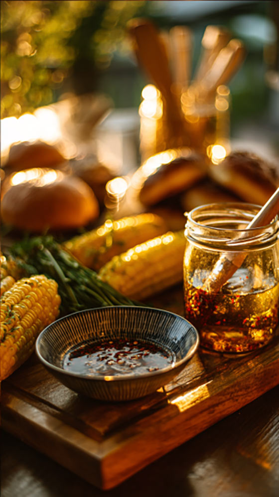 Ein Glas und eine Schale mit selbstgemachtem Chiliöl stehen auf einem Holzbrett, umgeben von gegrilltem Mais, Burgerbrötchen und frischen Kräutern. Die Szene ist in warmes Abendlicht getaucht und vermittelt sommerliche BBQ-Stimmung.