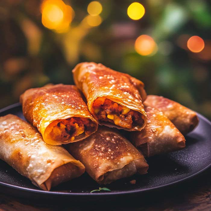 Knusprige Chimichangas gefüllt mit einer würzigen Mischung aus Gemüse und Fleisch, serviert auf einem schwarzen Teller vor einem stimmungsvollen Hintergrund mit warmem Licht.
