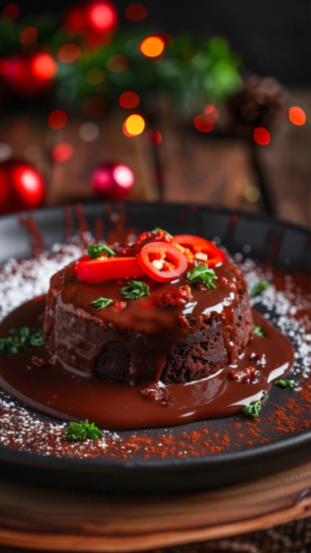 Chocolate Fondant mit Chili-Flocken und Minze garniert.