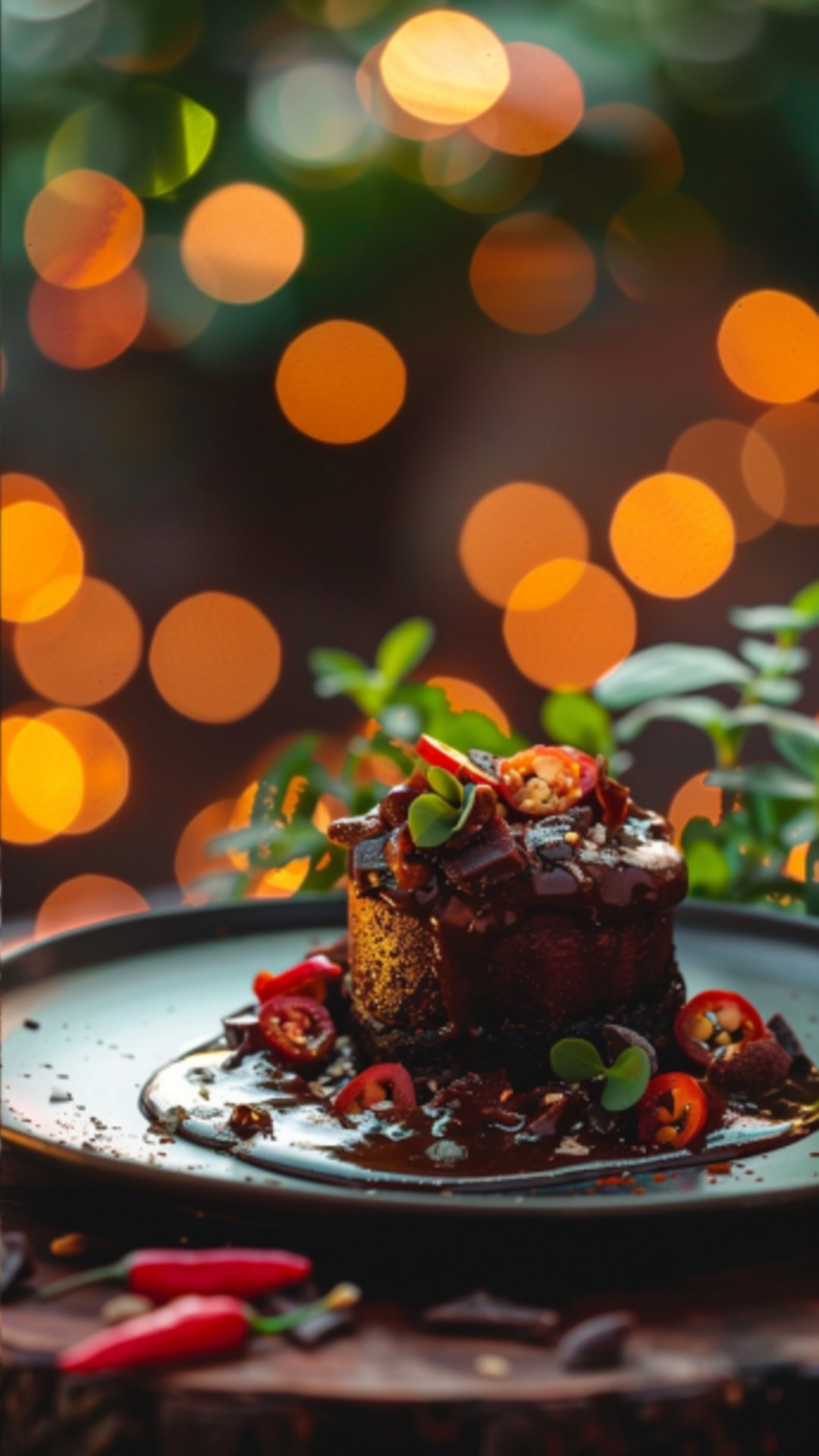 Schmelzender Chocolate Fondant mit Chili auf einem weißen Teller, garniert mit Minze.