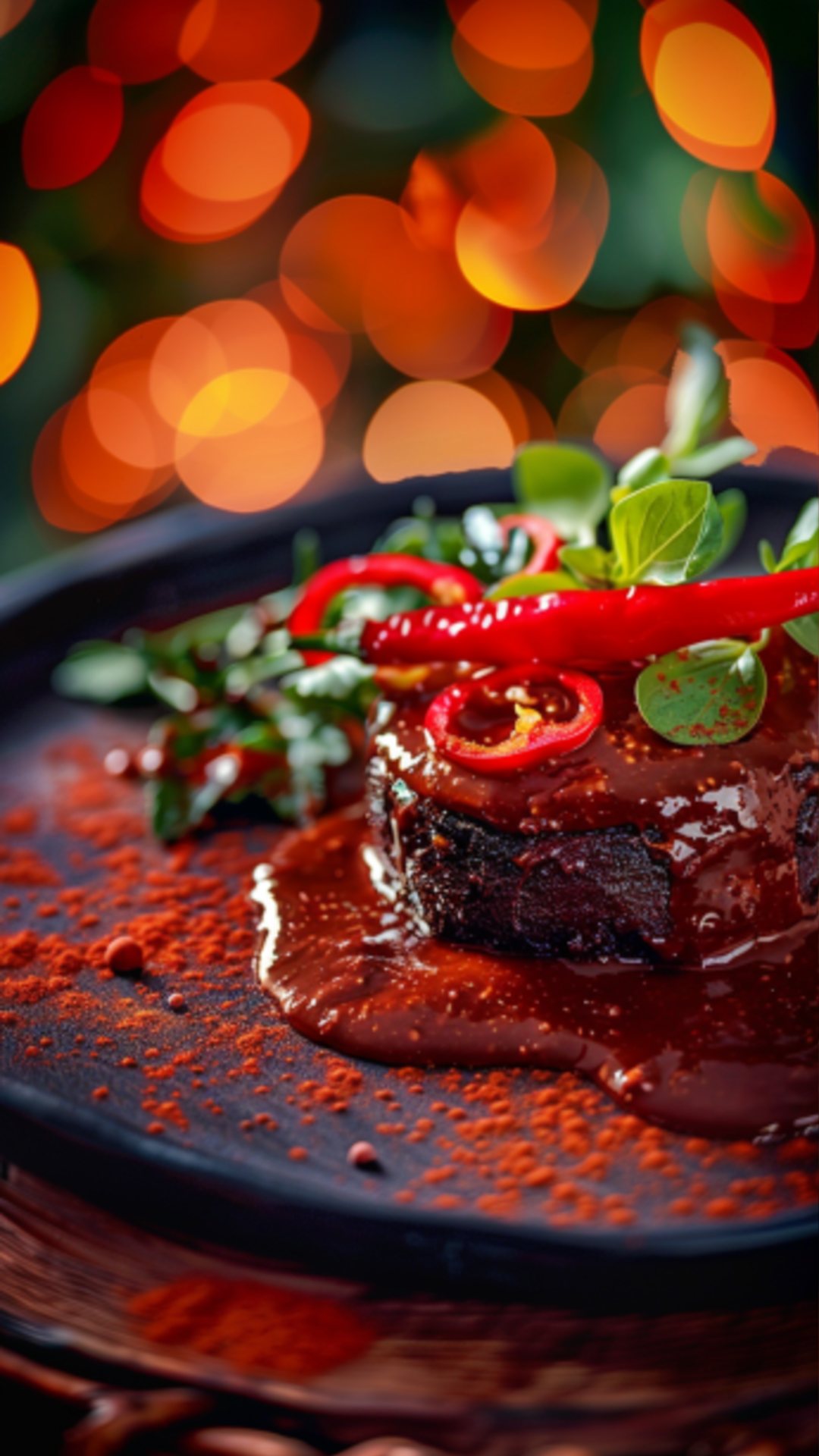 Drei Chocolate Fondants mit Chili, bestäubt mit Puderzucker und frischen Beeren.