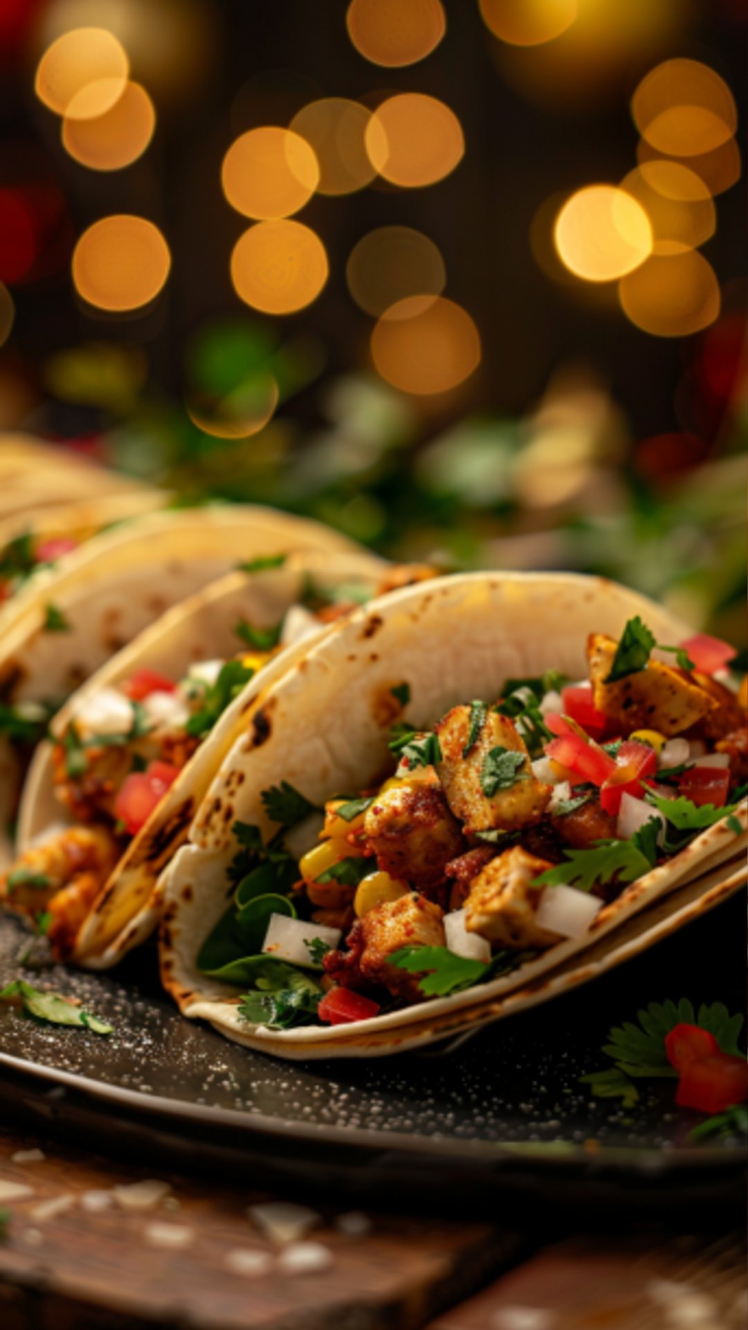 Christmas Chicken Tacos mit frischen Kräutern garniert.