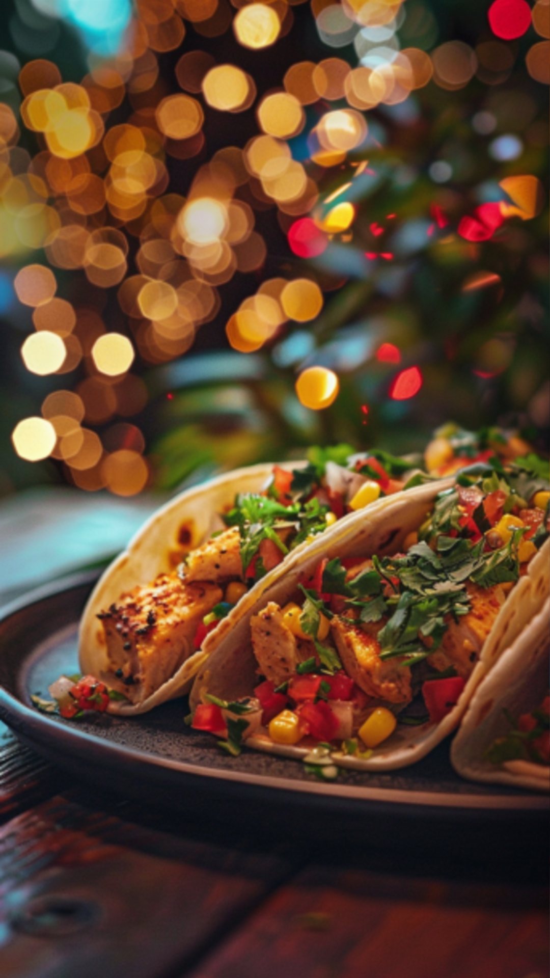 Nahaufnahme von Christmas Chicken Tacos, serviert auf einem rustikalen Tisch.