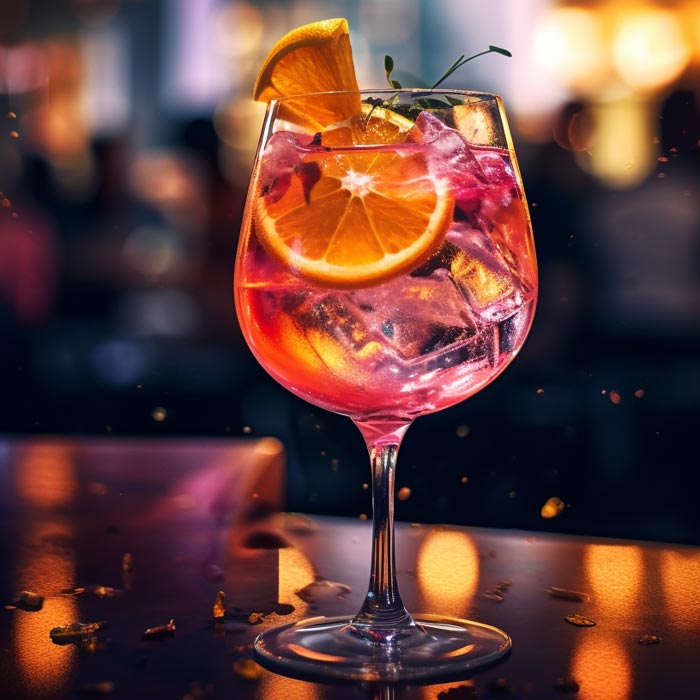 Ein lebhaft pinkfarbener Cocktail in einem Weinglas, garniert mit einer Orangenscheibe und einem Rosmarinzweig, strahlt vor einem unscharfen Hintergrund mit warmen Lichtern und funkelnden Reflexionen.