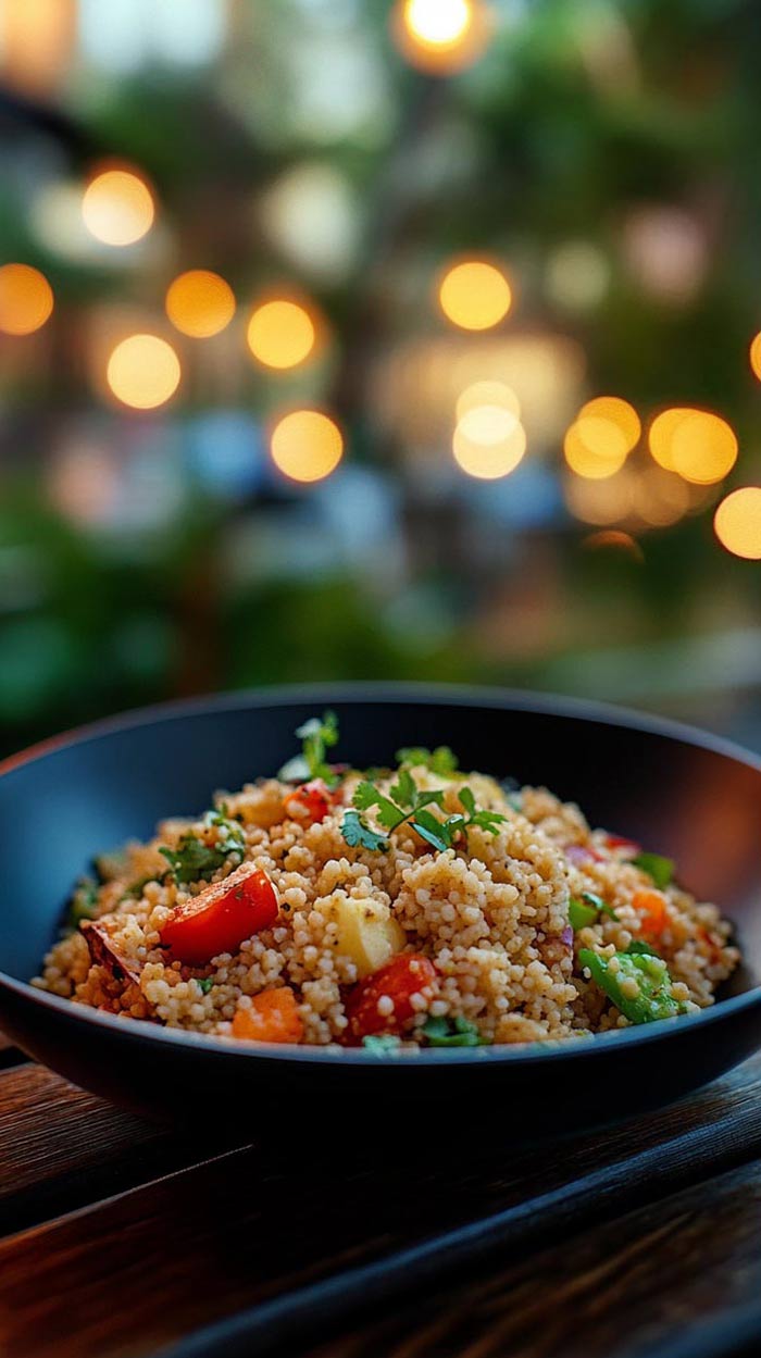 Couscous-Salat serviert Frischer Couscous-Salat, serviert in einer Schale.