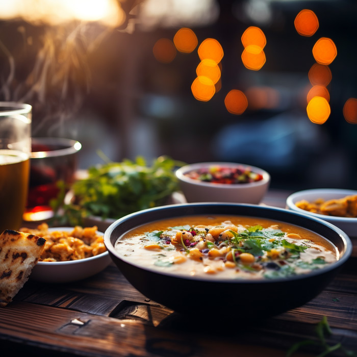 Ein stimmungsvolles Abendessen im Freien mit einer Nahaufnahme einer Schüssel indischer Currysuppe, garniert mit frischen Kräutern und Kichererbsen, begleitet von weiteren Schalen mit bunten Beilagen und einem Stück Naan-Brot. Im Hintergrund schaffen unscharfe Lichter eine warme und einladende Atmosphäre.