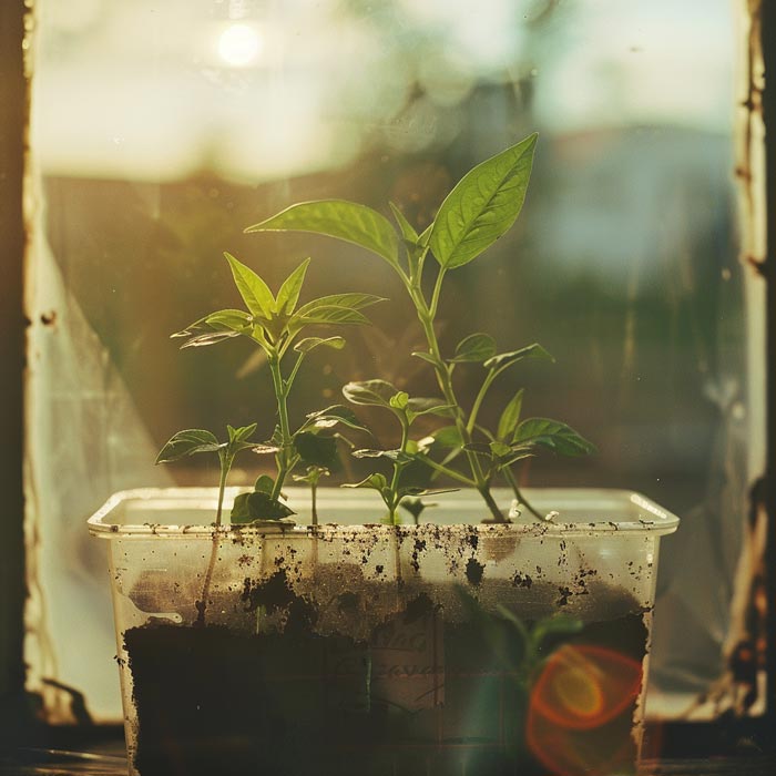 Frische Chilipflanzen-Setzlinge gedeihen in einem DIY-Mini-Gewächshaus, beleuchtet durch warmes Abendsonnenlicht.