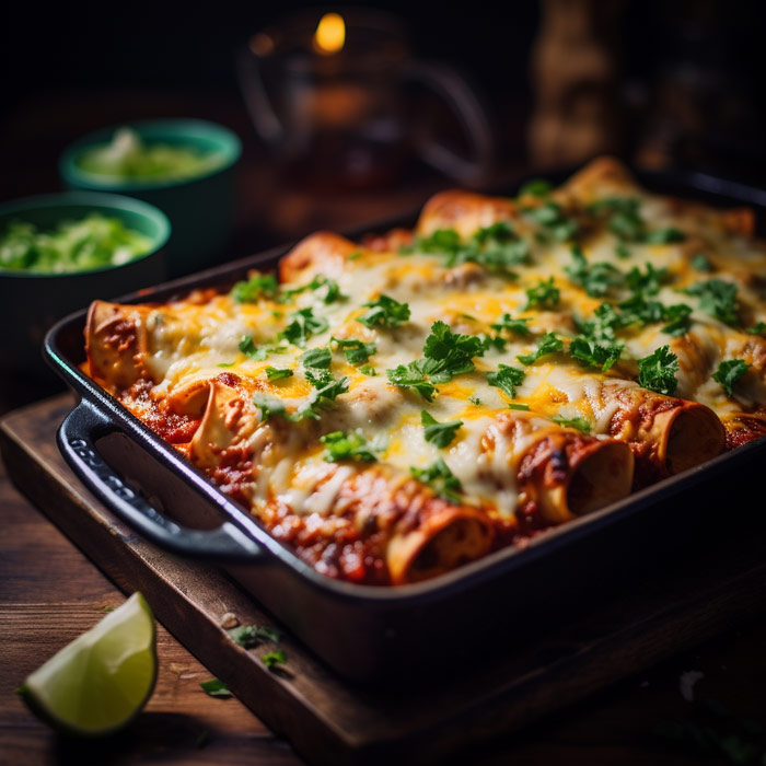 Überbackene Enchiladas in einer gusseisernen Pfanne, garniert mit geschmolzenem Käse, frischen Korianderblättern und Jalapeño-Scheiben, umgeben von Kerzenlicht und frischen Zutaten im Hintergrund.