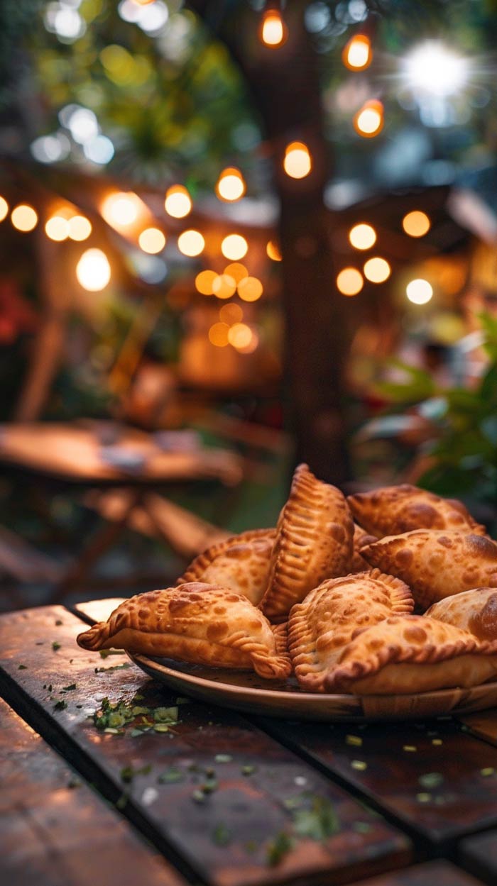 Empanadas mit Salsa Leckere Empanadas auf einem Teller, serviert mit Salsa.