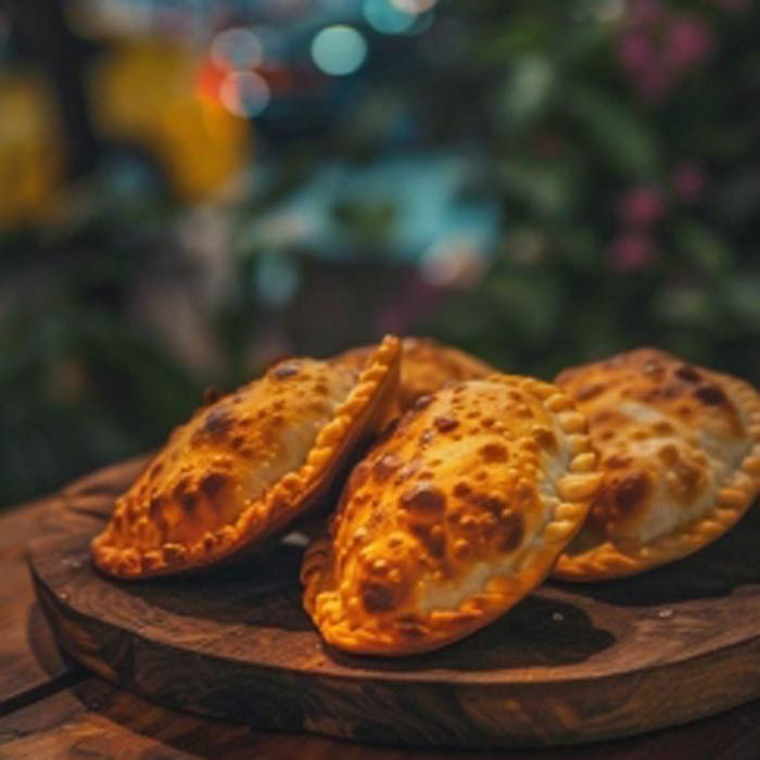 Ein Teller mit goldbraun gebackenen Empanadas, gefüllt mit herzhaftem Fleisch, serviert mit einer würzigen Salsa.