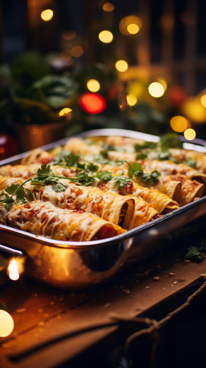 Enchiladas aus dem Ofen in einer rechteckigen Form, üppig bedeckt mit geschmolzenem Käse und grünen Korianderblättern.