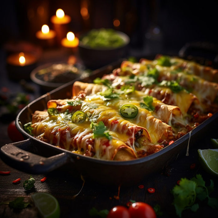 Hausgemachte Enchiladas mit roter Sauce und Käse überzogen, serviert in einer rustikalen Pfanne, dekoriert mit grünen Chilis und Kräutern, stimmungsvoll beleuchtet.