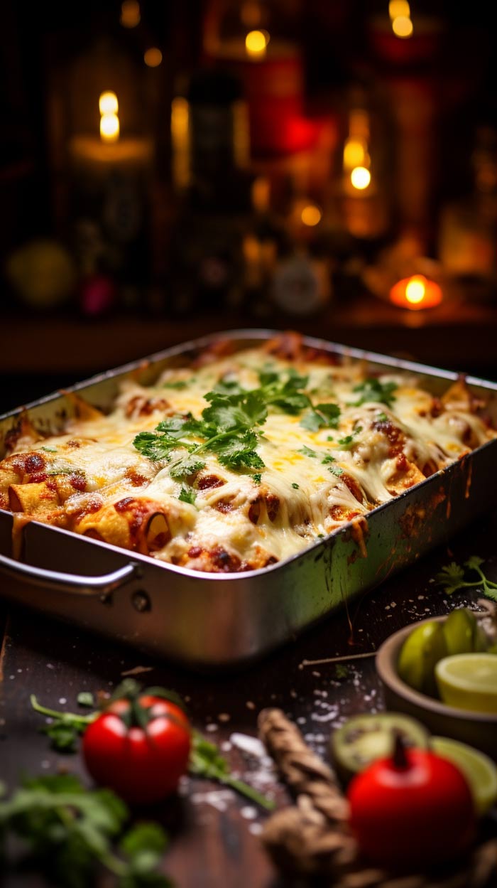 Frisch gebackene Hähnchen-Enchiladas überzogen mit geschmolzenem Käse und Sahnesauce, serviert in einer Ofenform.