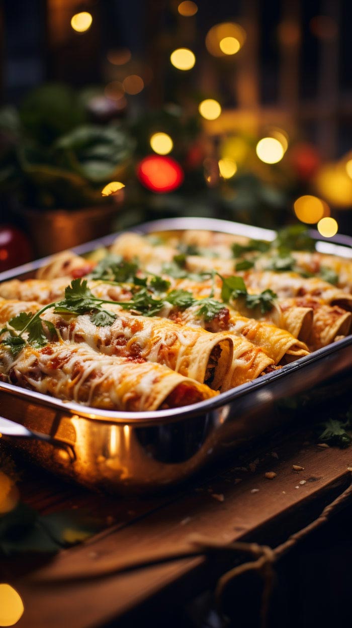 Frisch überbackene Enchiladas mit goldbraunem Käse in einer metallenen Auflaufform, garniert mit frischem Koriander.