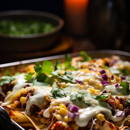 Ein herzhafter Auflauf von Pulled-Beef-Enchiladas, überbacken mit Käse und belegt mit Maiskörnern, roten Zwiebelwürfeln und Koriander.