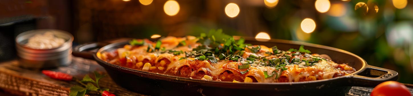 Eine lange Pfanne mit köstlichen Enchiladas bedeckt mit geschmolzenem Käse und garniert mit Maiskörnern, frisch geschnittenen Frühlingszwiebeln und Koriander. Die Pfanne ist festlich auf einem hölzernen Tisch drapiert, umgeben von warmer Beleuchtung und festlicher Dekoration im Hintergrund.
