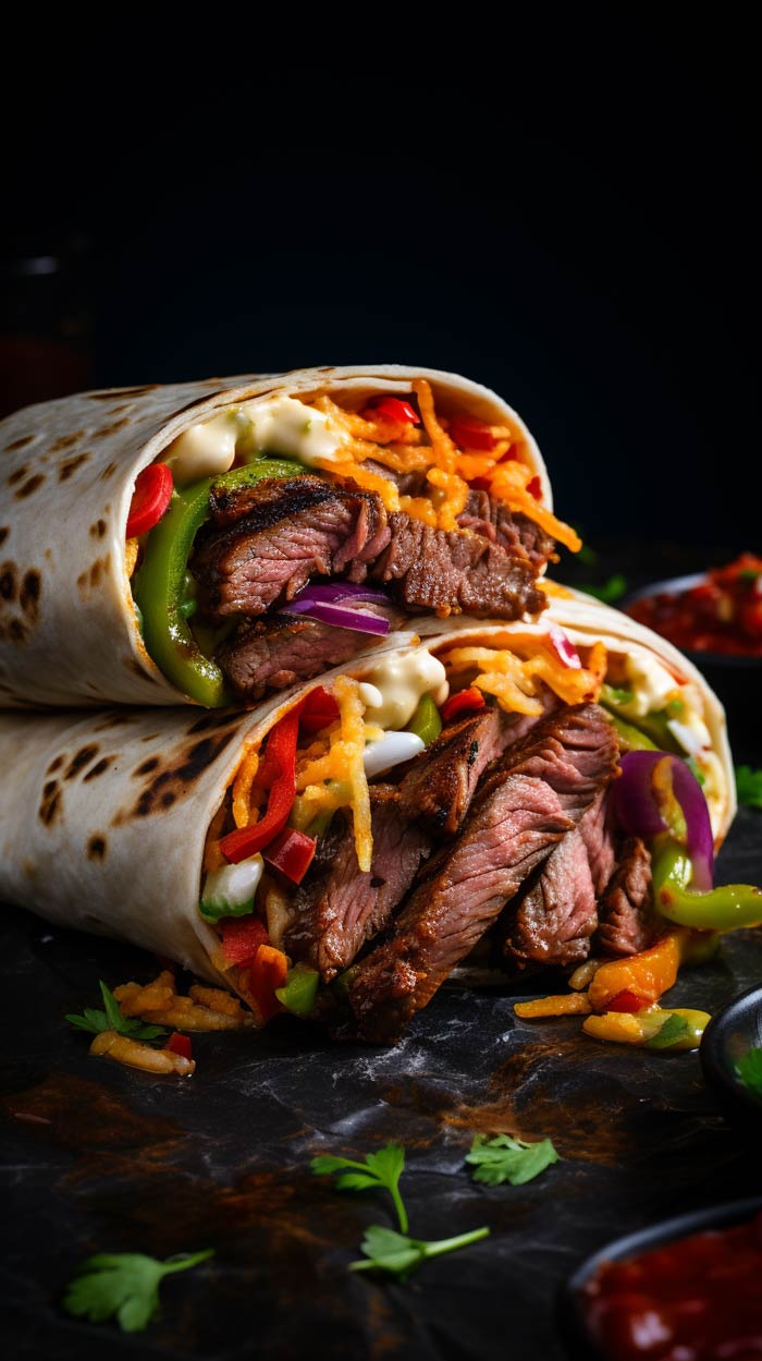 Ein appetitlicher Fajita-Wrap mit saftigen Rindfleischstreifen, geschmolzenem Käse und frischem Gemüse wie Paprika und Zwiebeln, serviert auf einem dunklen Untergrund.