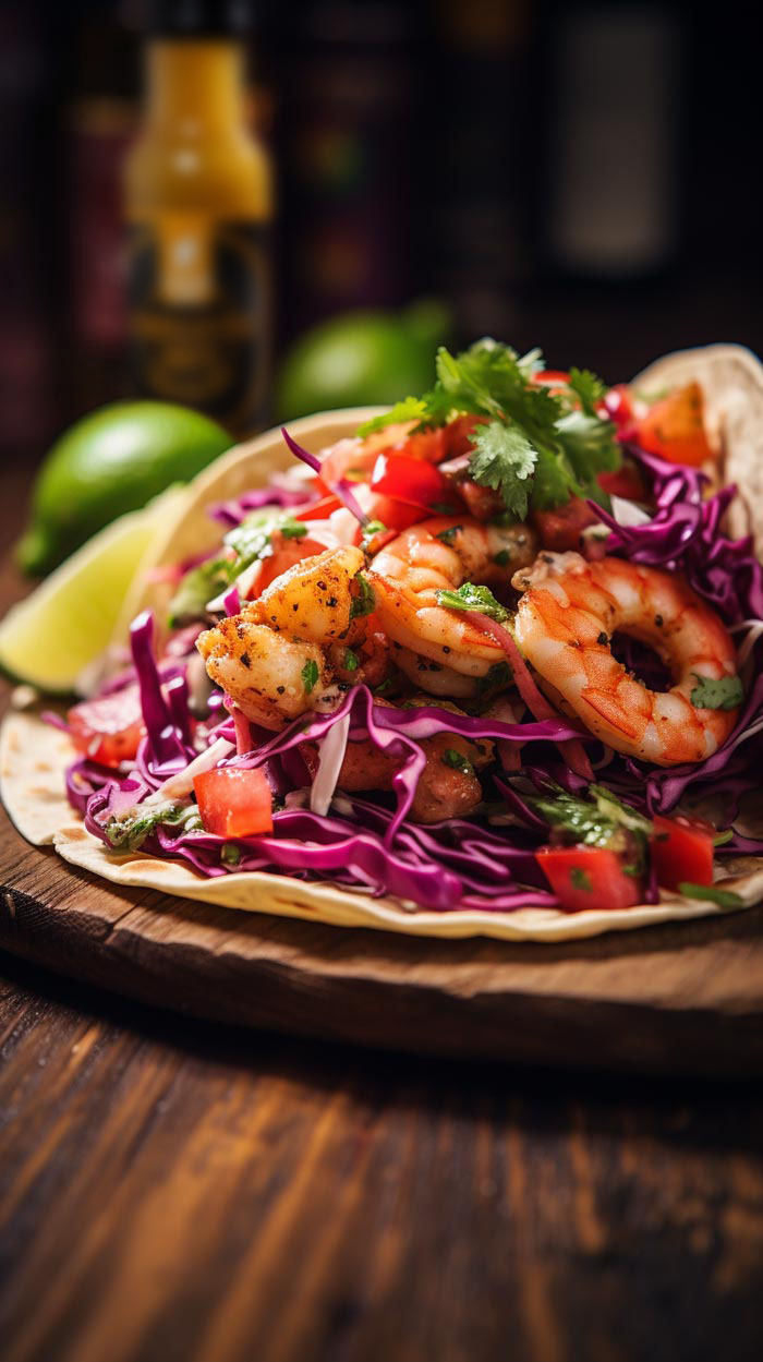Garnelen-Tacos mit Rotkohlsalat und Pico de Gallo: Frisches Rezept mit Gambas auf dunklem Untergrund