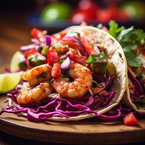 Taco mit Garnelen, Rotkohlsalat und Pico de Gallo, serviert mit cremiger Joghurt-Dip-Sauce und Mexican Tears Amarillo Sauce