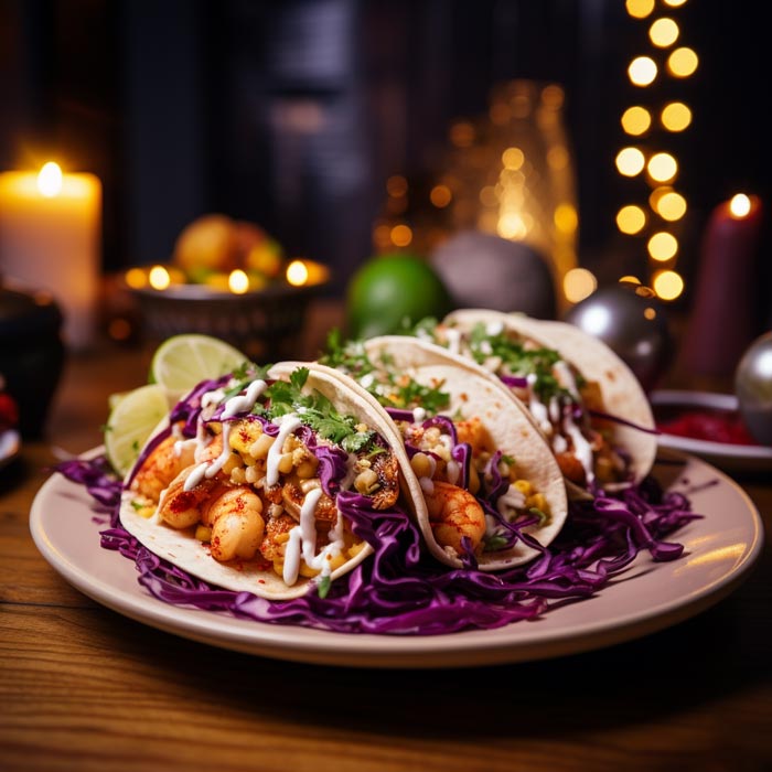 Frisch zubereitete, Garnelen Tacos auf einem Teller, garniert mit Kräutern, Limette neben einem Beilagensalat. Im Hintergrund ein unscharfes Ambiente mit warmem Kerzenlicht und eine Salatschüssel.