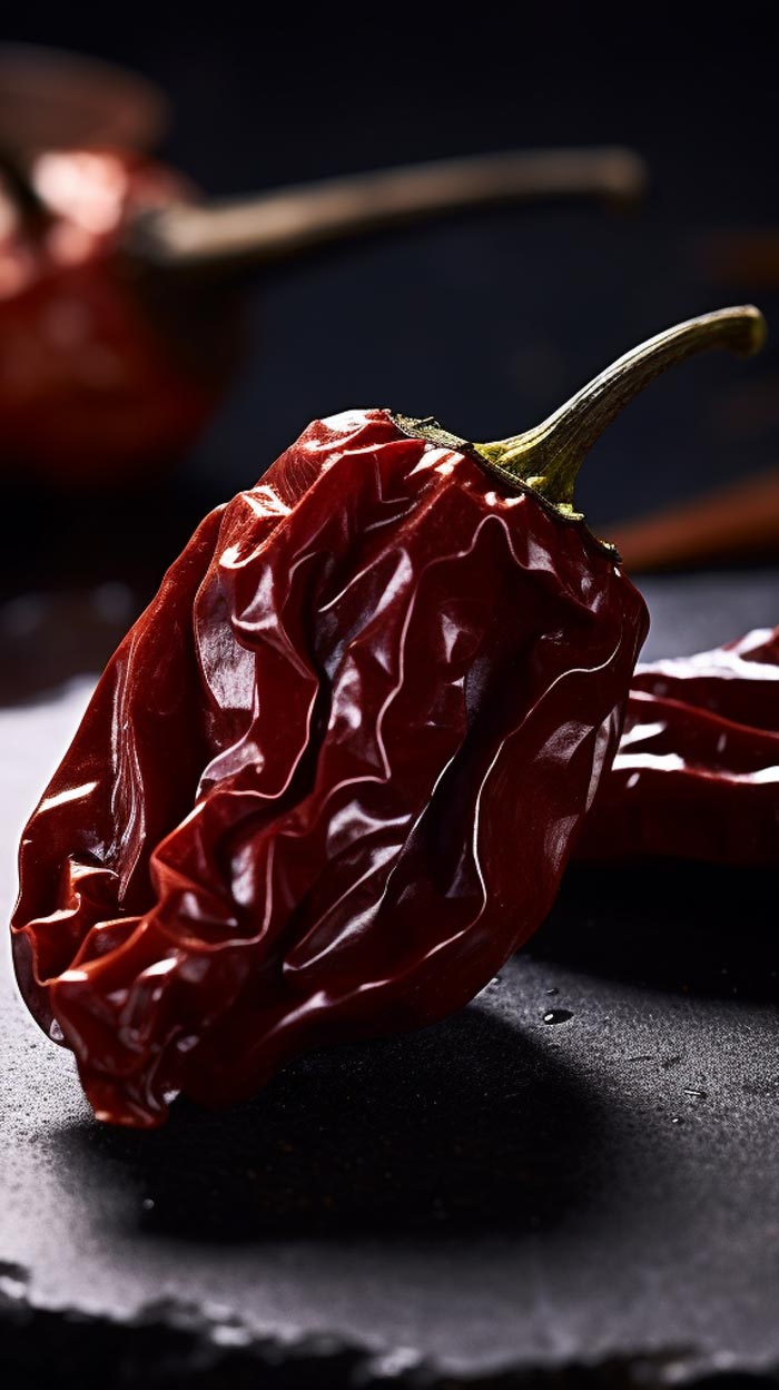 Ein einzelner getrockneter und geräucherter Habanero-Chili liegt im Vordergrund auf einer dunklen, matten Oberfläche, beleuchtet mit einem weichen Licht, das die tiefe rote Farbe und die runzelige Textur hervorhebt.