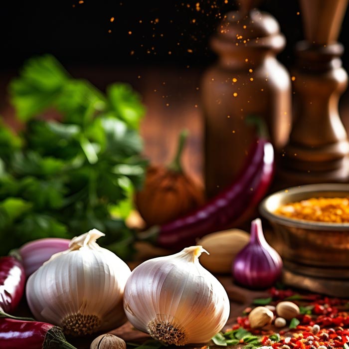 Eine lebendige Szene von frischen Gewürzen und Kräutern, darunter ganze Knoblauchzehen, rote Zwiebeln, Chilischoten, Nüsse und eine Schale gemahlenen Curry, mit einem Hauch von Gewürzstaub, der durch die Luft schwebt, vor einem dunklen, holzgetönten Hintergrund.