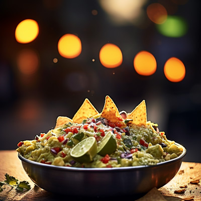 Eine Schüssel mit frisch zubereitetem Guacamole, garniert mit roten Paprikawürfeln, Limettenscheiben und umgeben von Tortillachips, auf einem Holzbrett serviert. Im Hintergrund sind unscharfe Lichter zu erkennen, die eine gemütliche Abendatmosphäre suggerieren.