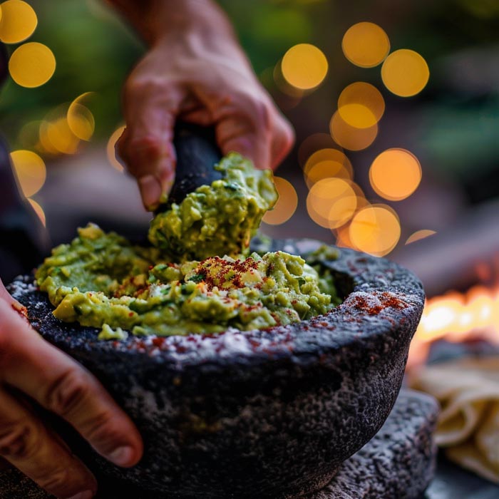 Eine Person zermahlt frische Avocado und Kräuter in einem traditionellen schwarzen Steinmörser zur Herstellung von Guacamole.