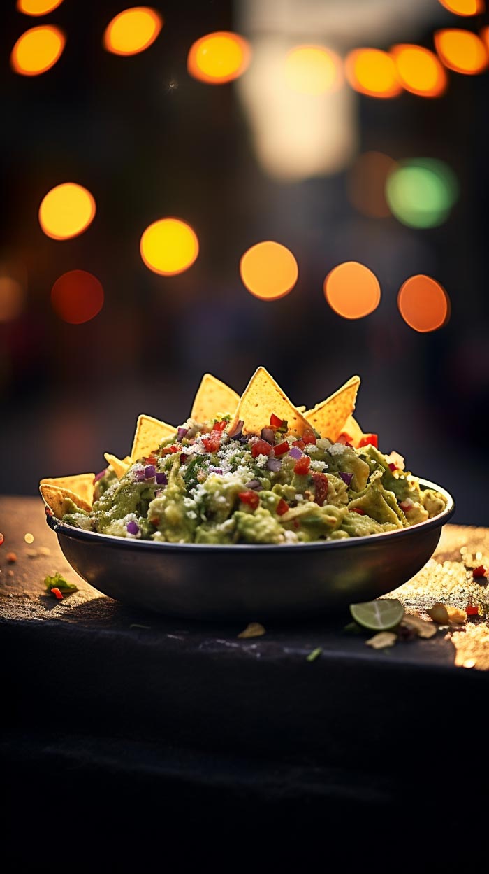 Ein Schälchen frisch zubereiteter Guacamole, üppig garniert mit roten Zwiebelwürfeln, Tomaten und zerbröseltem Käse, umgeben von Tortilla-Chips, vor einem unscharfen Hintergrund mit warmen Lichtern.